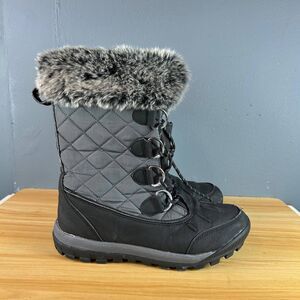 Bearpaw Women's 10 Black & Gray Faux Fur Winter Snow Boots Lace-Up Mid Calf